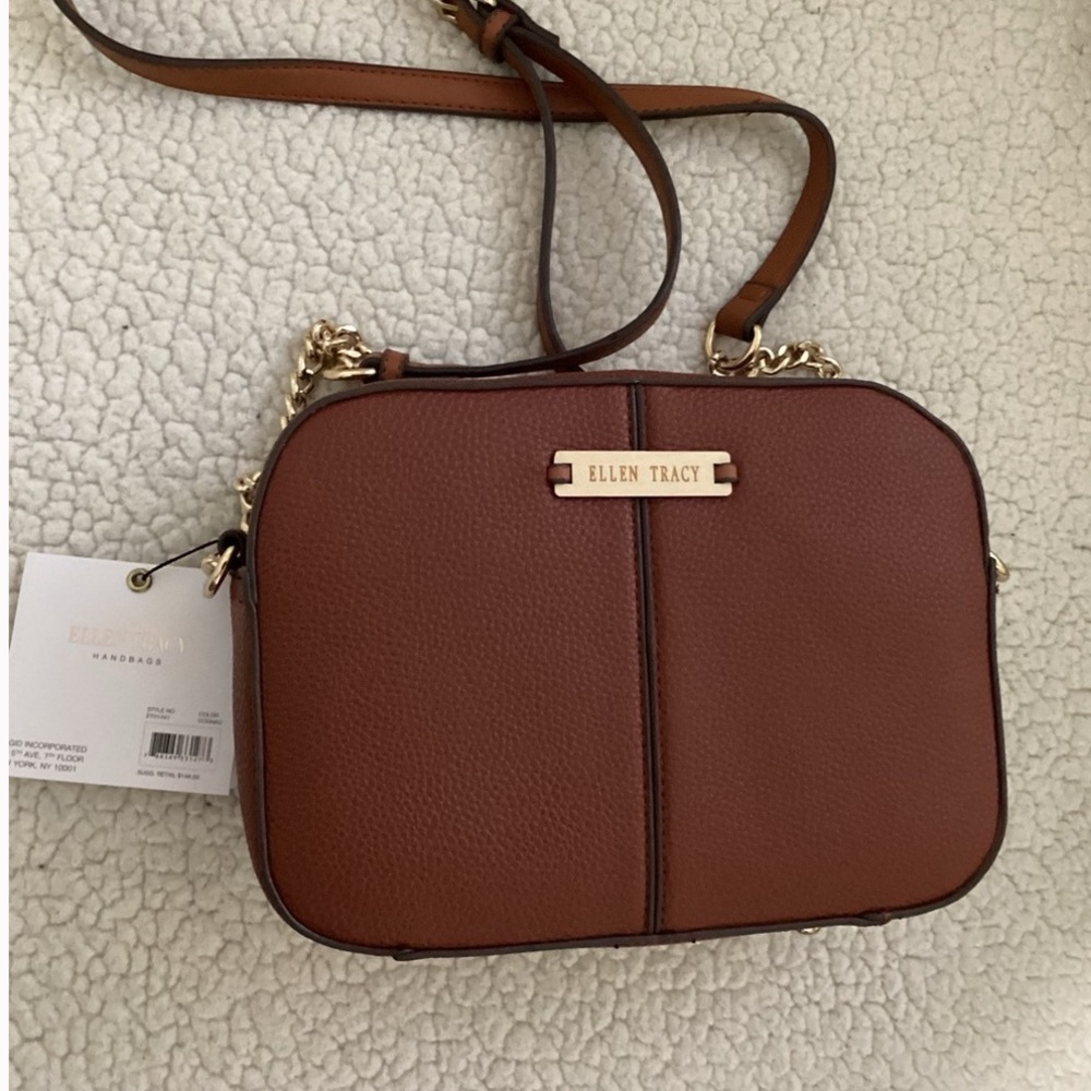 Ellen Tracy The Octavia Collection Cognac Pebble Grain Crossbody, NWT, MSRP $148